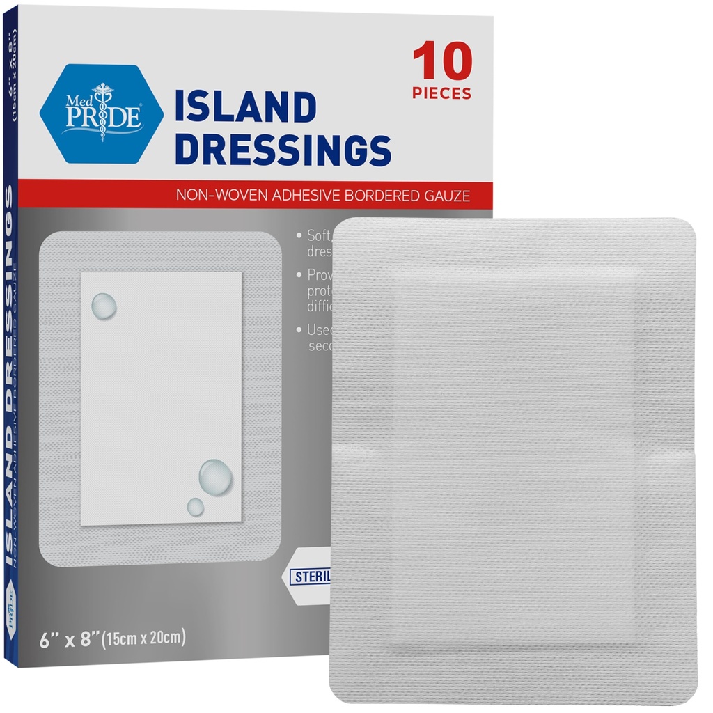 MED PRIDE Adhesive Island Dressing Large Gáze Pads for Wounds Sterile Absorbent Dýchací Latex and Guma Free Indially Packed (6 "x 8")