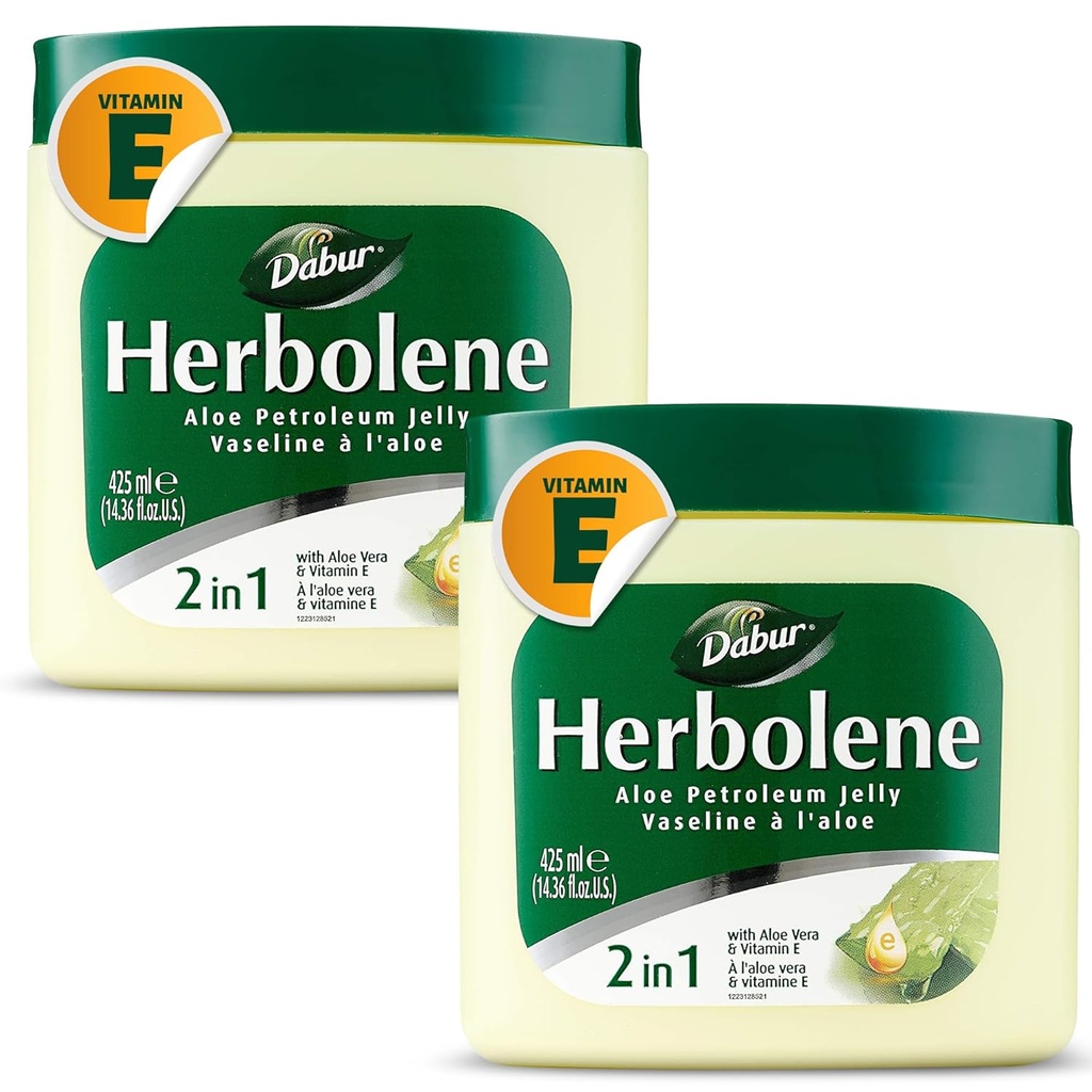 Dabur Herbolene Aloe Vera Gel Petroleum Jelly - Vylepšená vitamínem E pro hlubokou a intenzivní hydrataci pokožky - Jemně citlivá pleť - Nurishing Bliss and Lasting Hydration - 425 ML (Balení po 2)
