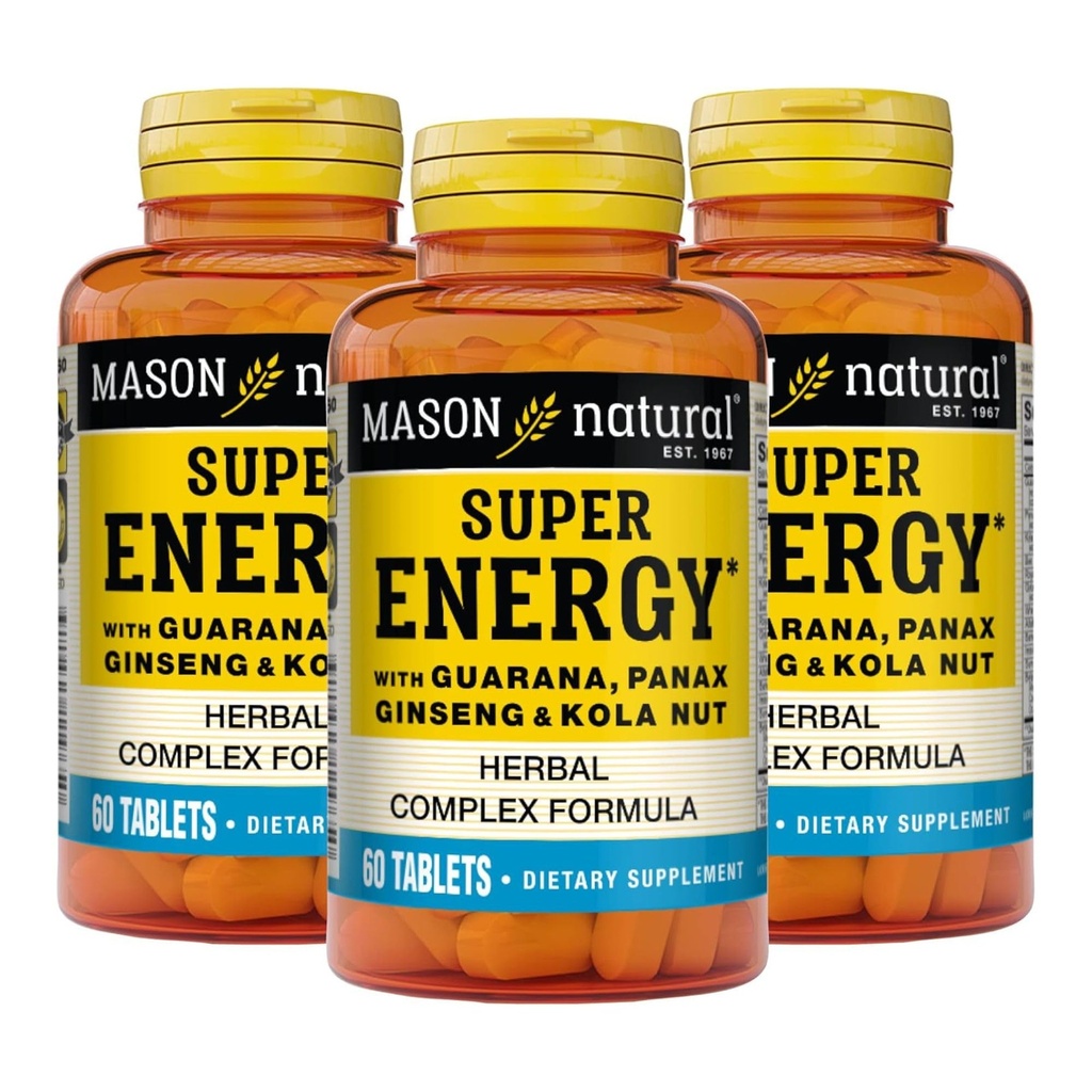 MASON NATURAL Super Energy, Made with Guarana, Panax Ginseng & Kola Nut for Optimal Performance & Energy, 90 Day Supply, 60 Tablet (Balení po 3)