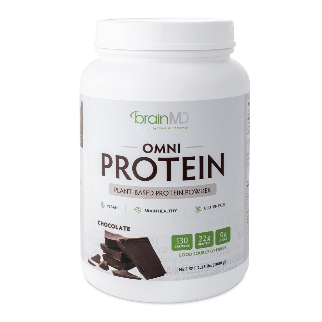 BRAINMD Dr. Amen Omni Protein Chocolate - 2,38 lbs - Plant- based Protein Powder - Promotes Energy & Cvičení Recovery - Vegan, Vegetarian, Cukr zdarma, gluten zdarma - 30 Služeb