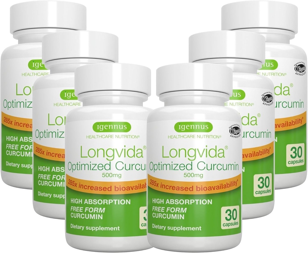 Igennus Longvida Lipided Curcumin 500mg, Ultra Biologicky dostupný & Trvalá akce, 65x Vyšší plazmatické hladiny, intenzivní podpora, Free- Form Curcumin, Vegan, 180 Kapsle