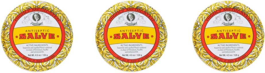 Rawleigh Antiseptic Salve Iconic Yellow Big Tin: 4.5 oz, Multi- Purpose Ointement Soothes Cutts, Bruises, Irritations, with Turpentine, Phenol, Cottonseed Oil & Paraffin, Original Formule - Pack of 3