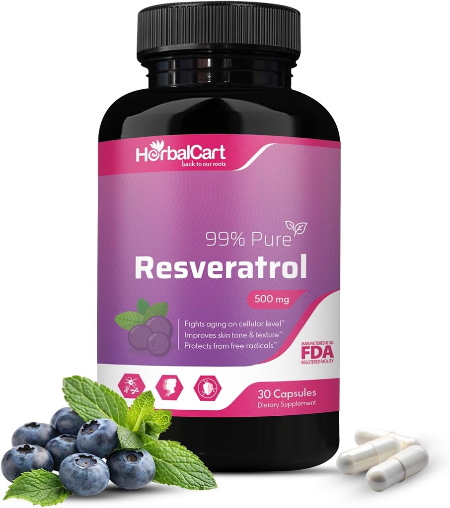Pure Resveratrol 500mg - Antioxidant, Zdravé stárnutí a srdeční podpora