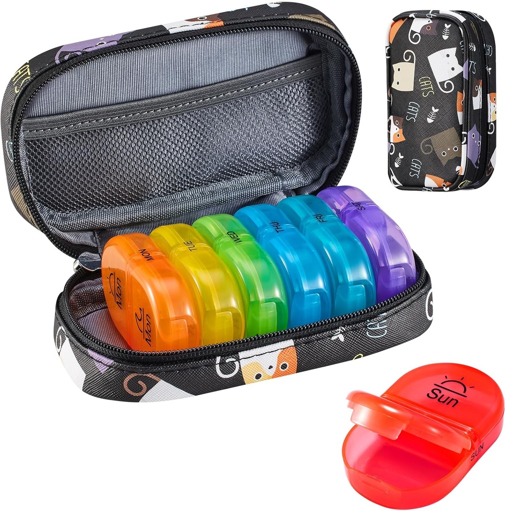 Serfeymi Týdenní Travel Pill Organizátor 2 Times A Day PM Upgraded Rainbow Pill Box 7 Day with Portable Zipper PU Leather Pill Case, Lékařský Organizátor pro pilulky, Vitamíny, Rybí oleje - Black 02