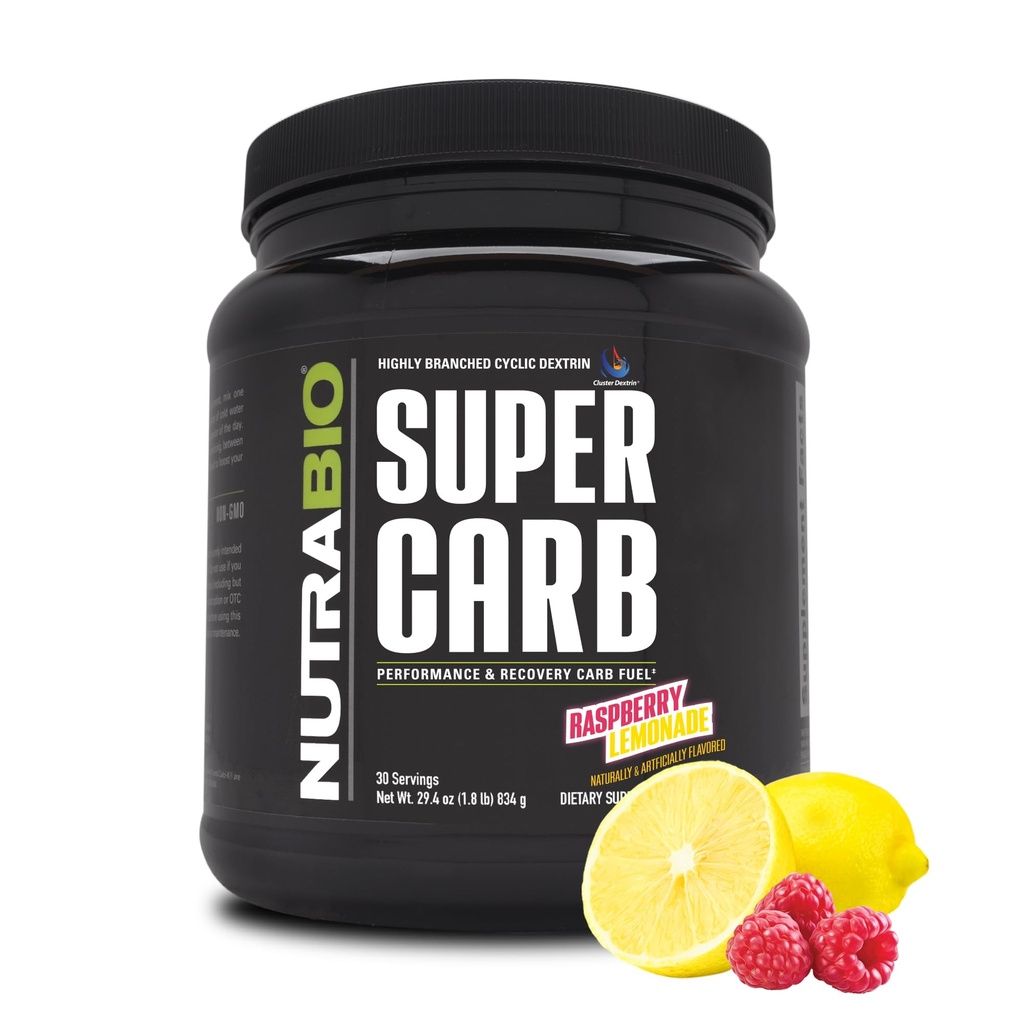 NutraBio Super Carb, Karbohydrát prášek s Cluster Dextrin & Electrolytes, Advanced Carb dodatek prášek pro cvičení paliva, výkon, a svalové zotavení, Cyclic Dextrin, Malina Lemonade, 30 Sv