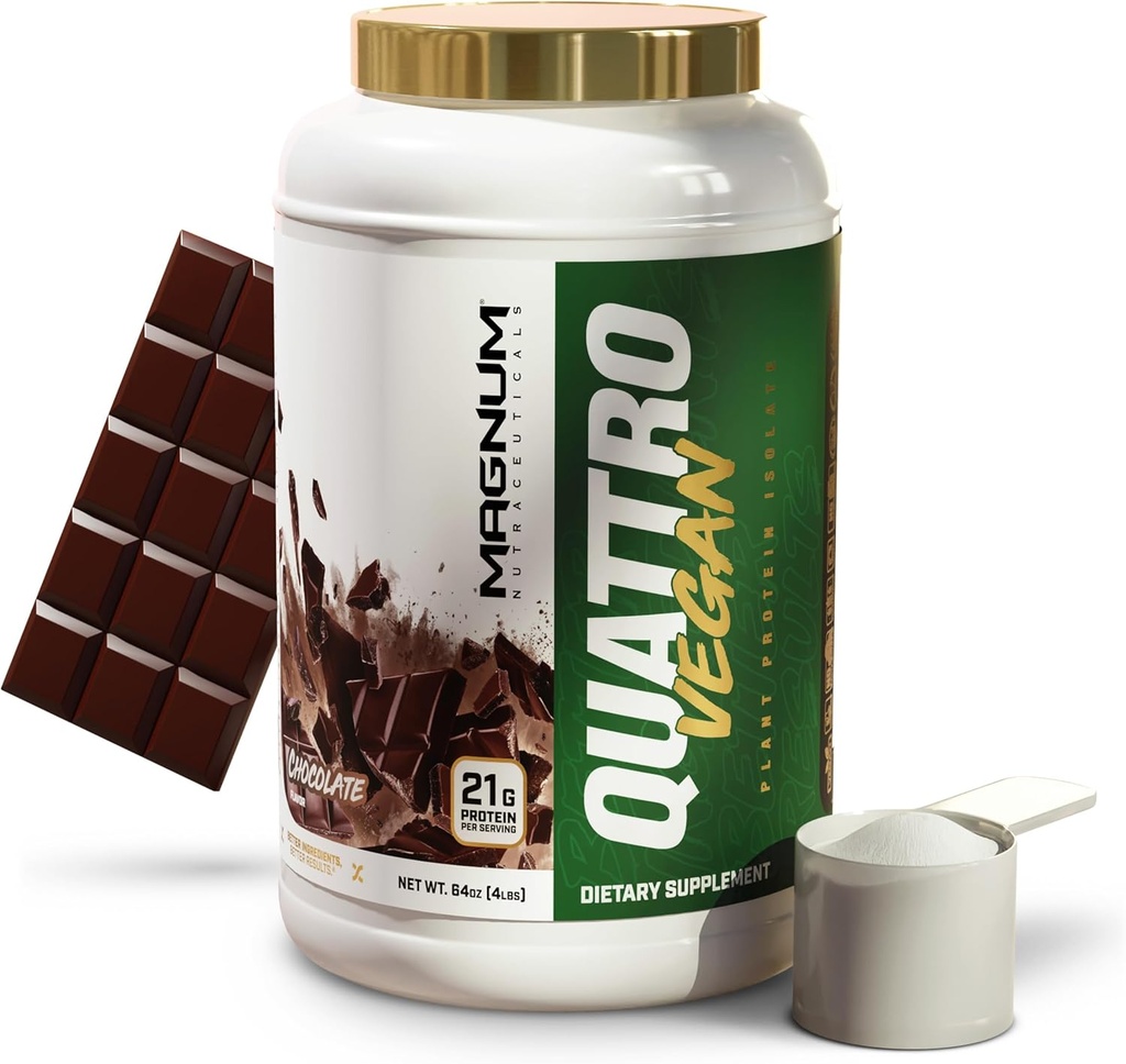 Magnum Nutraceuticals Quattro Vegan Protein Powder, Chocolate 2lb - Premium Plant- Based Protein Powder Izolát pro růst a obnovu svalů