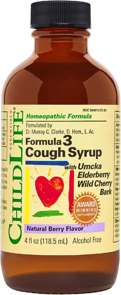 Dětský život Essentials Formule 3 Děti Kašel Syrup - Dětské kašel Medicine pro děti 2-11, s Umcka, Elderberry & Wild Cherry Bark, Lepek zdarma - přírodní Berry, 4 Fl Oz