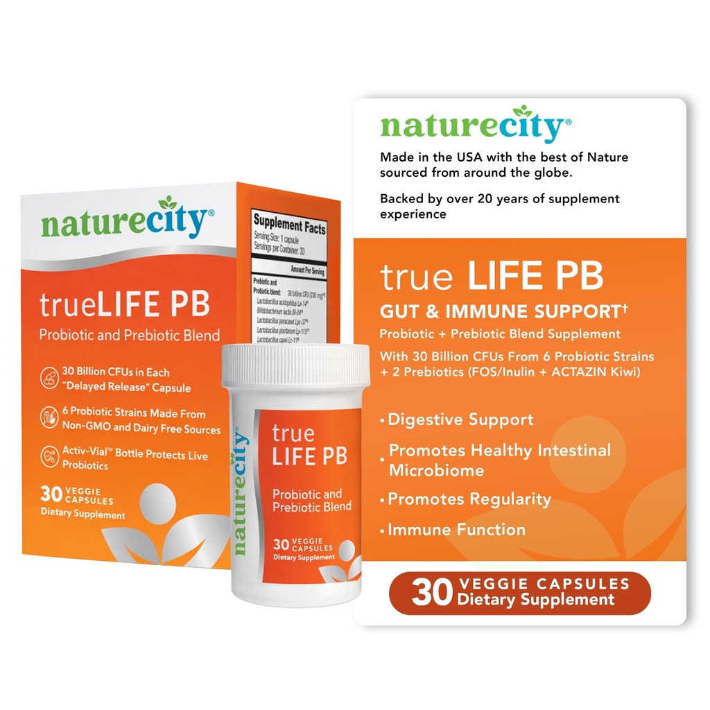 NatureCity True- Life- PB Stabilní Blend Prebiotika a Probiotika pro ženy a muže - Digestivní Gut Zdravotní doplňky pro ženy a muže - Mléko zdarma - (30 Veggie Kapsle)