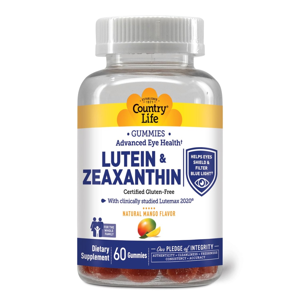 Country Life Lutein Gummies s Lutemax 2020, 60 Ct, Žvýkací přírodní Oko Supplement, Marigold Lutein, Zeaxanthin, Oční zdraví a makulární podpora, Non- GMO, Přírodní ovoce Pectin, Vegan