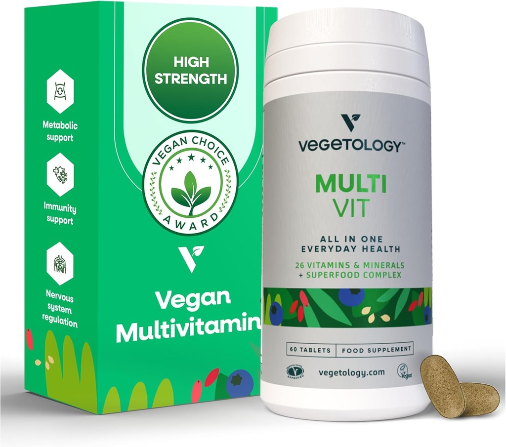 MultiVit Vegan Multivitamin Dodatek, 26 Vitamin & Minerály - vitamínové doplňky pro metabolické, mozkové a imunitní podpory - Multivitamin pro ženy, muže a děti