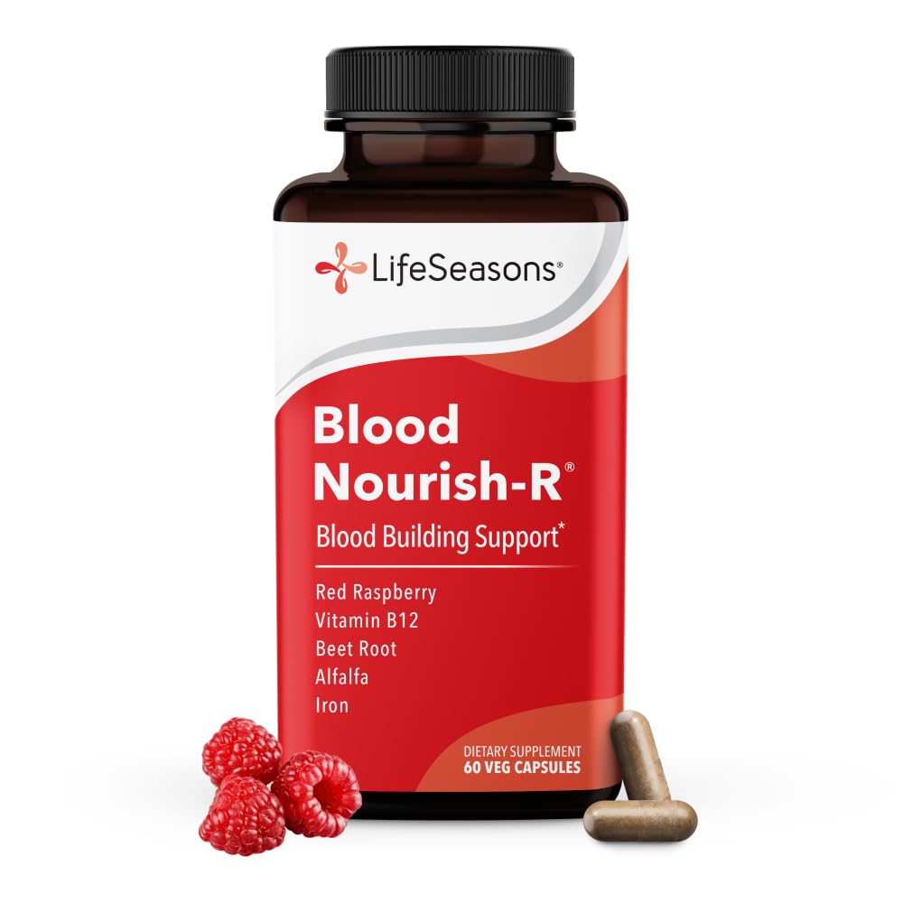LifeSeasons Blood Nourish-R - Železná nedostatečnost dodatek - Podporuje anémie, únava, paleta a závratě - Žádná zácpa - Krevní budova - Železo, Alfalfa, Malina & vitamín B-12-60 Kapsle