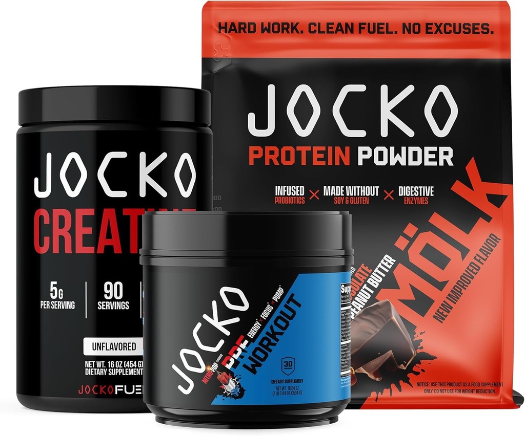 Jocko Palivo 3 balení Bundle - creatine, čokoládové arašídové máslo Molk Protein, & Nitro Pop Pre Workout