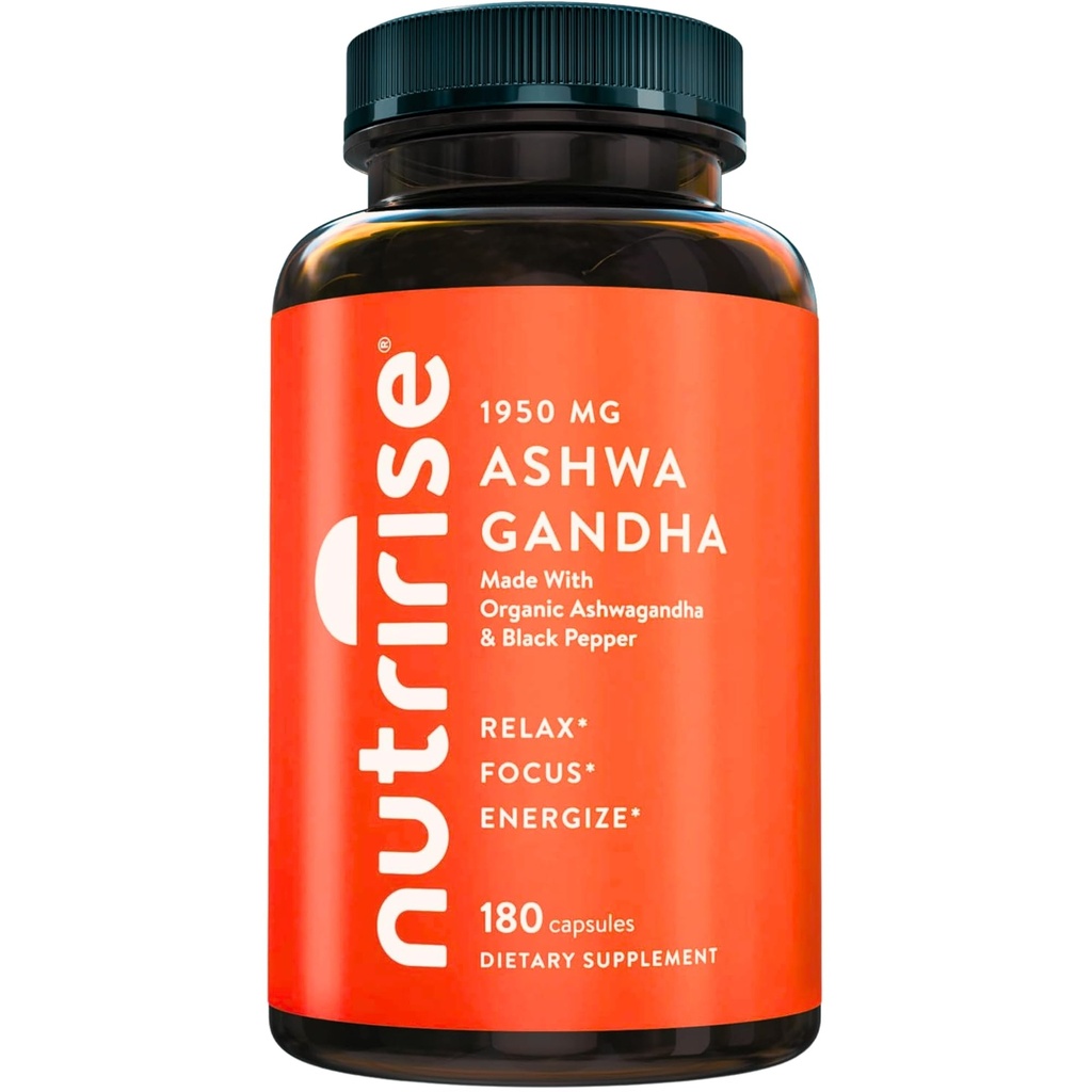 NutriRise Organic Ashwagandha Root Kapsle s Black Pepper 1950mg, Natural Stress & Mood, štítné žlázy a imunitní podpora Dodatek, Spánková pomoc, Clarity, Focus & Energy, Gluten Free, 180 Počet