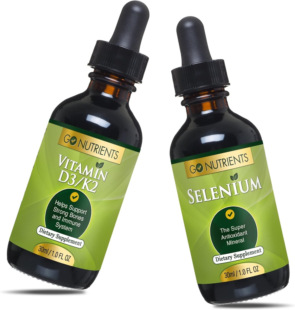 Go Nutrients Liquid Vitamin D3 s K2 (MK-7) Kapky 1oz & Selenium 200 mcg Dodatek 1.0 oz Liquid 124; Vitamin D3 a K2 Liquid 124; Doplňky s Mineral Selen Liquid a Čištěná voda