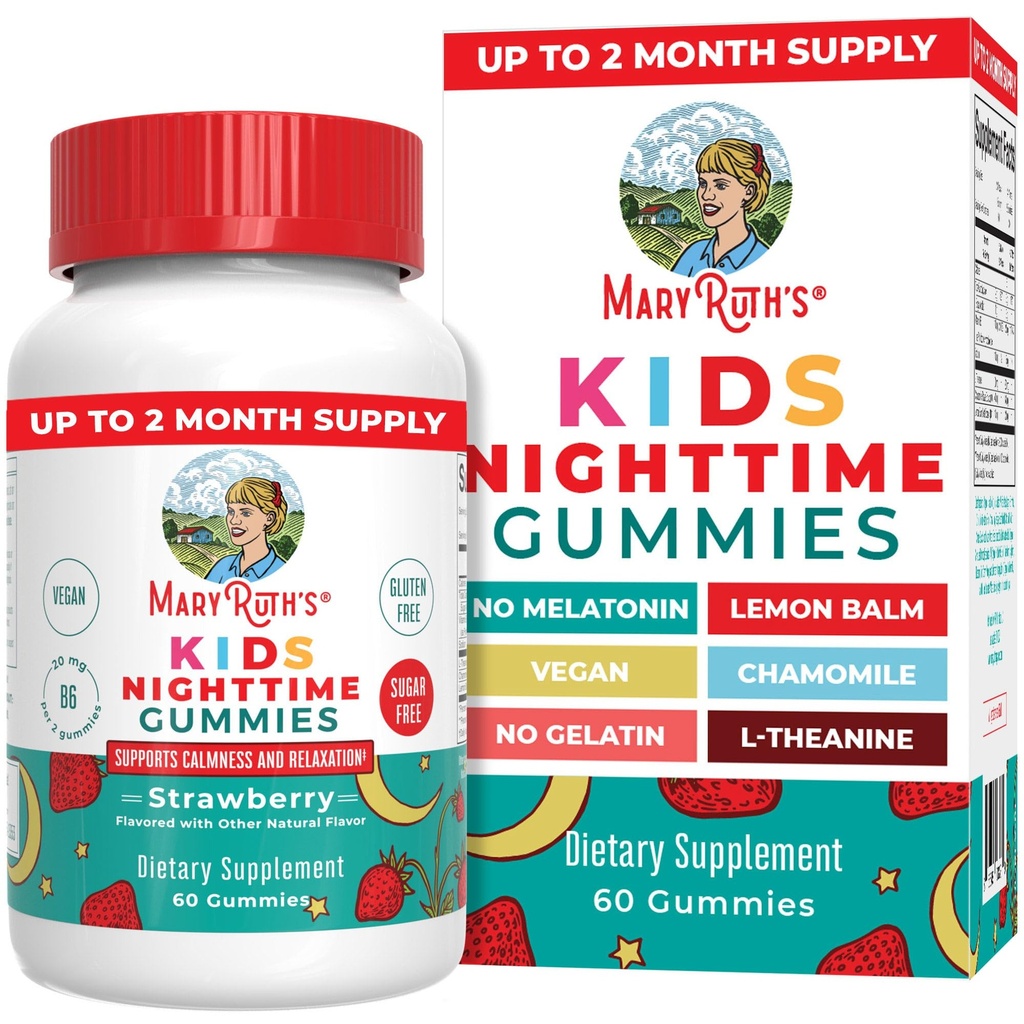 MaryRuth Organics Children Nighttime Gummies Is124; Sugar Free Is124; NO Melatonin s L Theanine, Lemon Balm, Heřmánek, Vitamin B6 Is124; Relaxační podpora pro děti 2 + Is124; Vegan Is124; Non-GMO Is124; Gluten Free Is124; 60 Počet