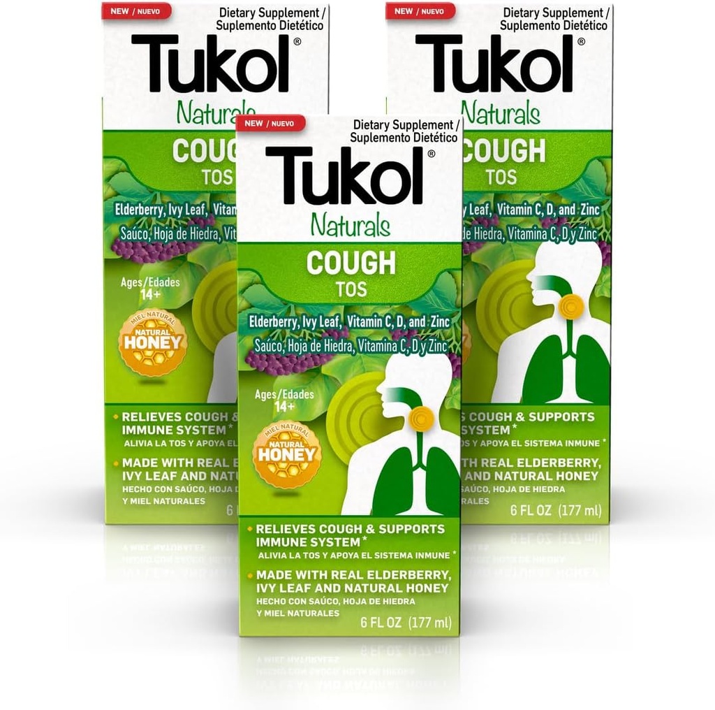 TUKOL Naturals Elderberry Sirup s vitaminem C, D, a zinek, Imunitní Supplement s přírodním medem pro dospělé a dospívající, Bylinné Elderberry Boost pro imunitu a antioxidační podporu, 6oz, Pack of 3