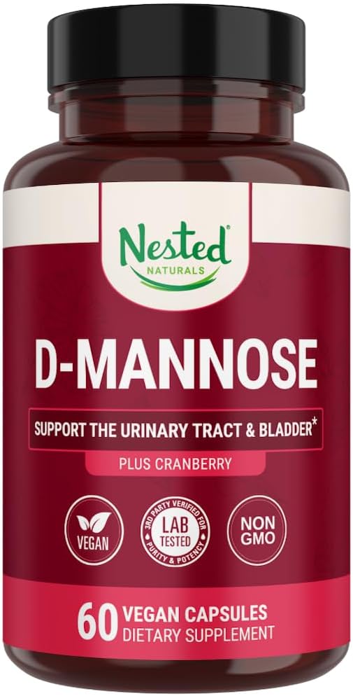 Nested Naturals D- Mannose 500mg Kapsle s Cranberry Extract, D Mannose Cranberry pilulky, Močová a močová podpora, 60 Vegan Kapsle
