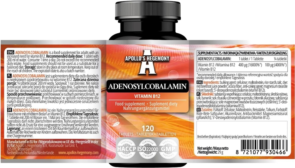 APOLLO 'S HEGEMONY Adenosylkobalamin 120 Tablety - Optimální biologicky dostupný vitamin B12 pro lepší metabolismus energie - 480 Servings - Dietní dodatek