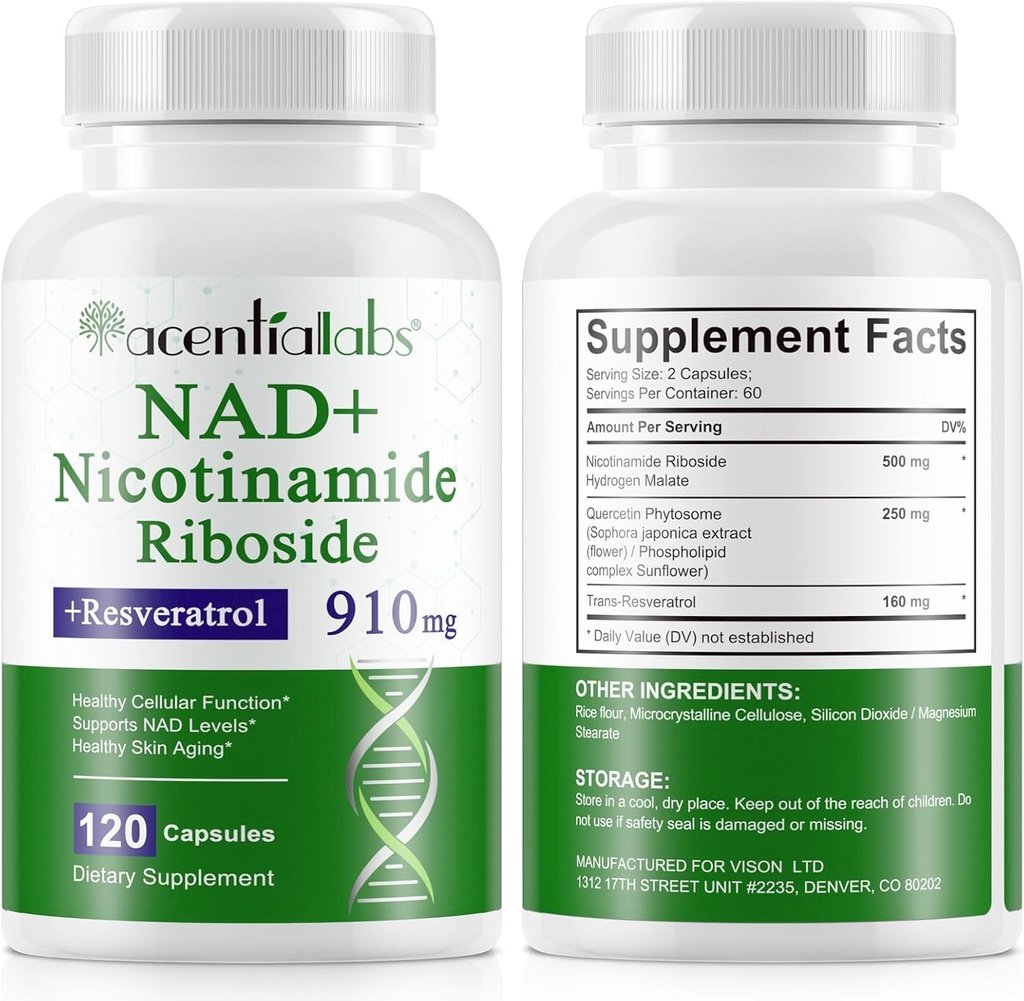 120 Počet NAD Plus dodatek, Lipozomální Nicotinamid Riboside Kapsle 900MG s Resveratrol & Quercetin, High Purity Nicotinamid pro antiaging, Buněčná gegenerace / Energy / Imunitate Booster
