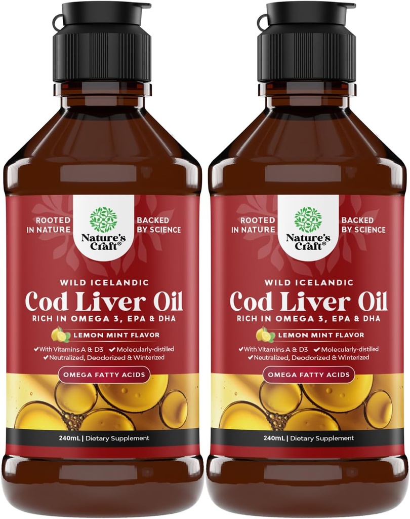 Islandské Wild Cod Játra olej kapalný - Rybí olej Kapky s Omega 3, EPA, DHA, Vitamin D & A - Tekuté Cod doplněk jater pro srdce, kloub, mozek a imunitní podpora - 240 ml (8 Ounce) 2 Pack