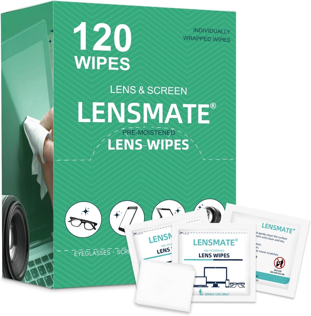 Lensmate 120 Count Lens Wipes for Eyeggles, Pre- Moisted & Indically Wrapped Eyeglass Wipes, Lens Cleaning Wipes for Eyeggles, Sluneční brýle, brýle a objektivy kamery
