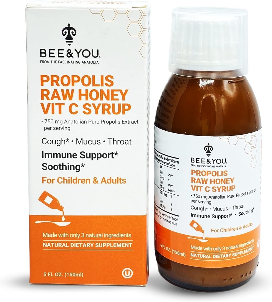 BEE a vy Propolis Extract Cough Syrup w / vitamín C, Soothing Honey, Přírodní imunitní podpora, Sore Throat Relief, Antioxidanty, pro děti a dospělé, 5 Fl Oz, pro muže a ženy