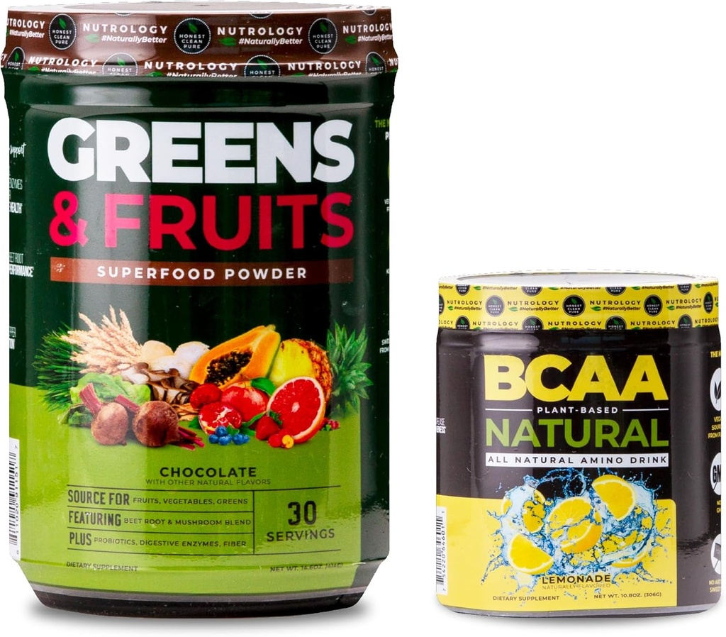 Nutrology Green & Fruits Powder- přirozeně sourced Superfood, Chocolate (30 Servings) BCAA Natural, Plant Based BCAA Powder, Lemonade Flavor (30 Servings)