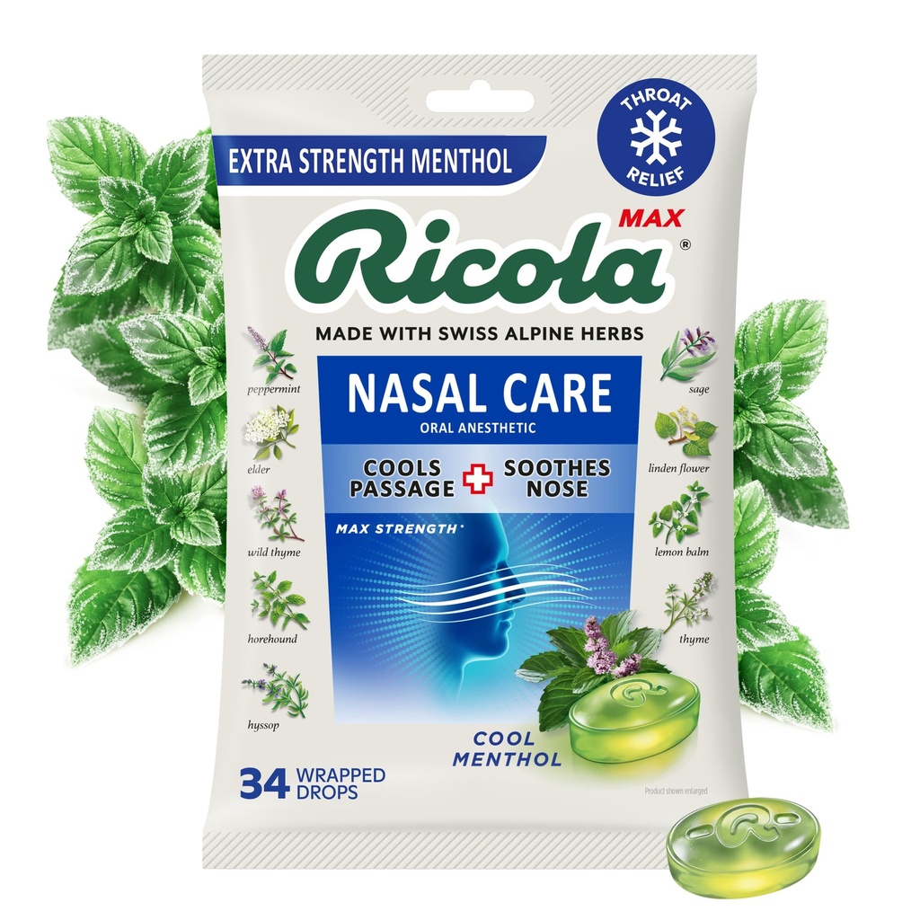 Ricola Max Cool Menthol Nasal Care velký pytel 124; Kašel Suppressant kapky 124; Dual Action Liquid Center 124; Soothing Long- Lasting Relief - 34 Počet (balení po 1)