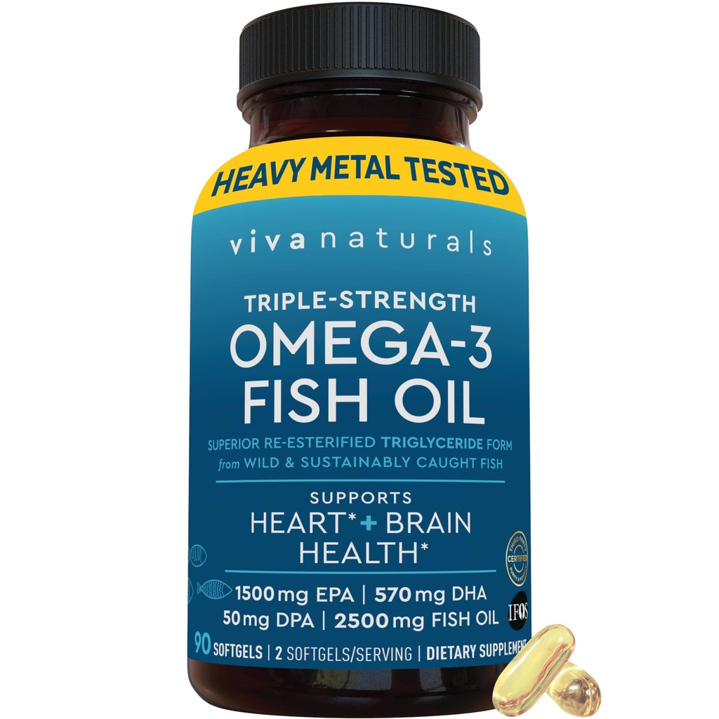 Viva Naturals Triple Strength Omega 3 Fish Oil Pills - 2500 mg High-potency Formule s 2250 mg Omega 3 mastné kyseliny (včetně EPA, DHA, DPA) ve formě rTG pro absorpci - IFOS Certified, 90 Softgels