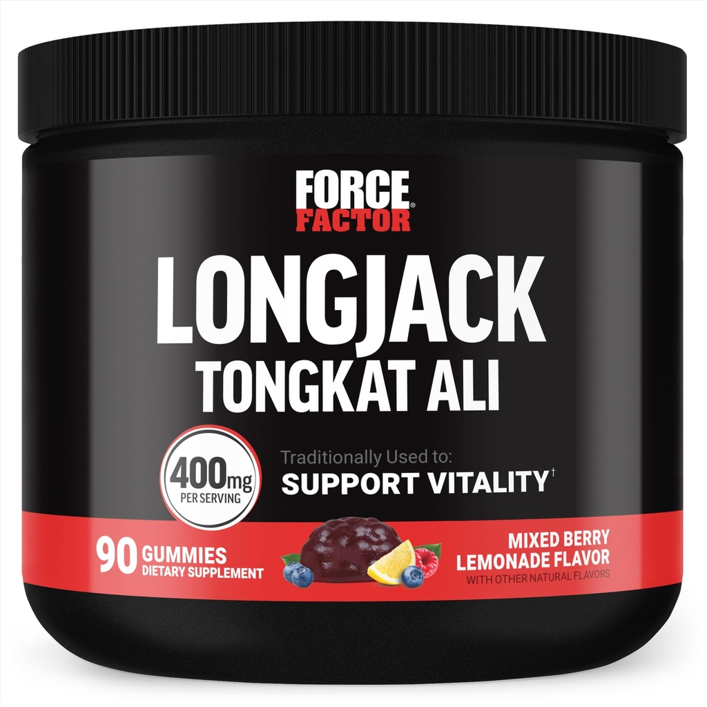 Force Factor Longjack Tongkat Ali Gummies, Tongkat Ali pro muže na podporu mužských vitality a pohonu, 400mg Tongkat Ali s BioPerine, Smíšené Berry Lemonade, 90 Gummies