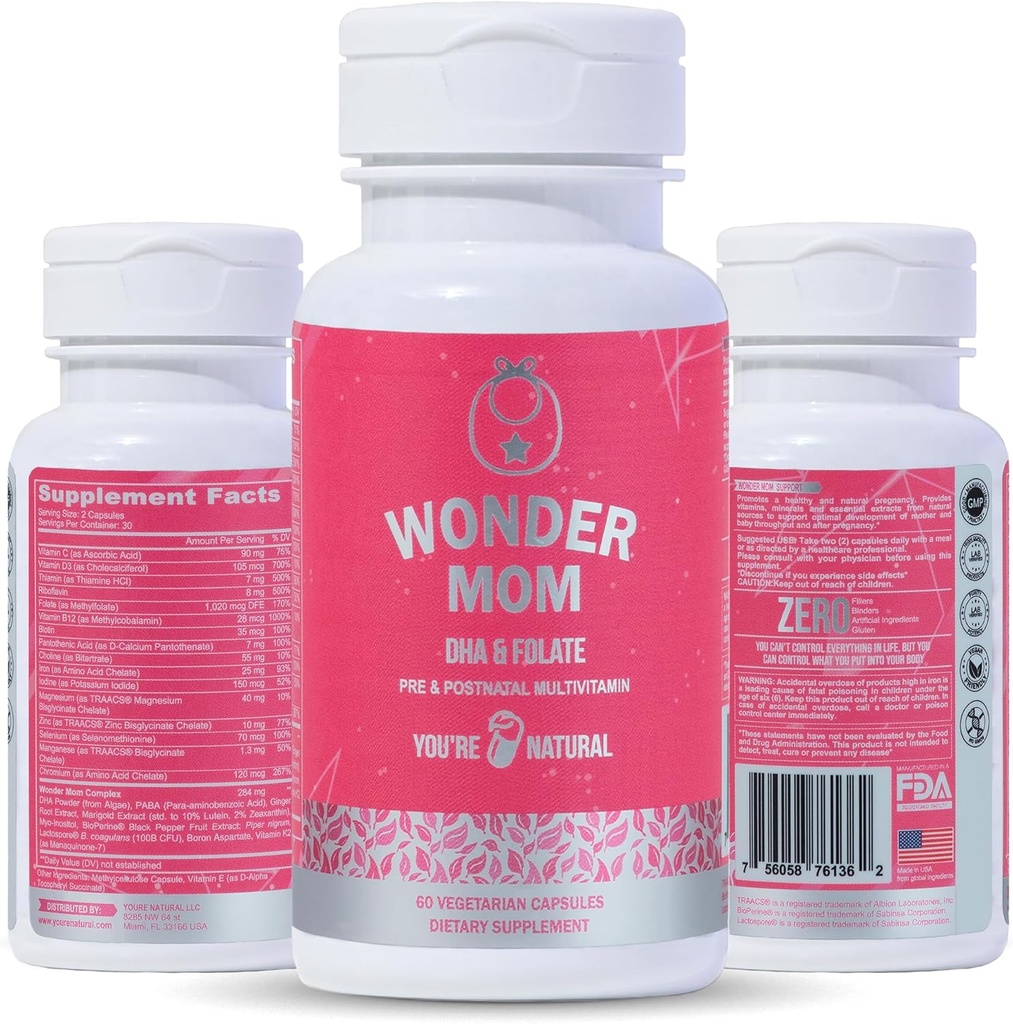Premium Prenatal & Poporodní vitamíny: Folát, DHA, Cholin, Železo, B12, Multivitamin & Probiotika, Podporuje vývoj plodu mozku, Těhotenství & Poporodní zdraví, Vegan, Non- GMO, gluten- zdarma, 30 dní