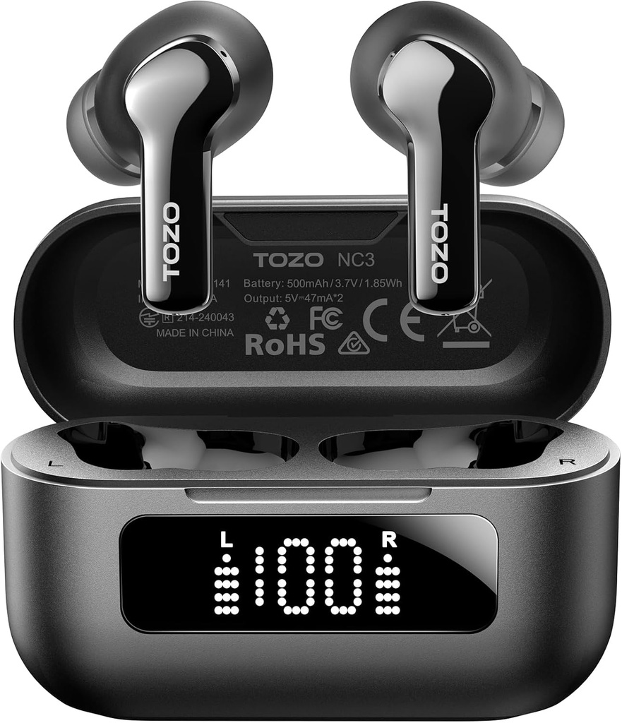 TOZO NC3 Hybrid Active Noise Cancelling Bezdrátové sluchátka s 6 Mics AI Clear Call Buds 55H Playtime s LED displej 32 Přednastavené EQ přes APP Bluetooth 5.3 IPX8 Vodotěsné sluchátka