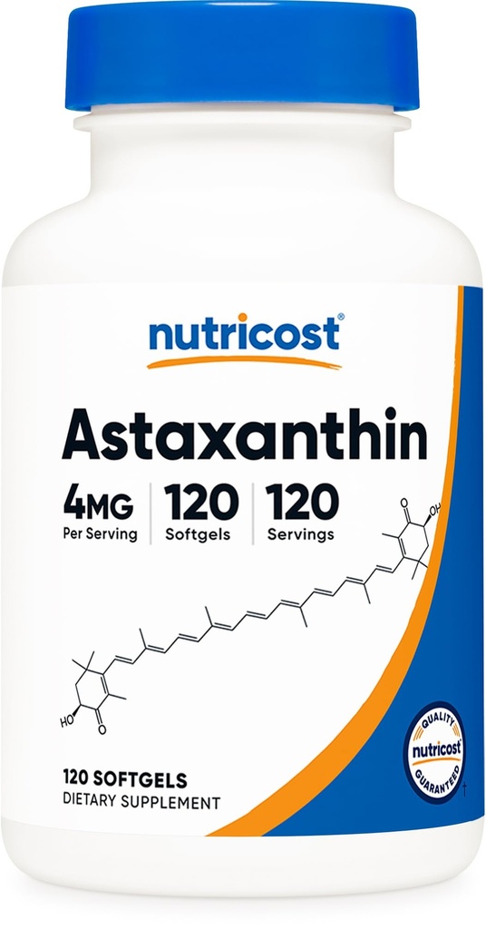 Nutricost Astaxanthin 4mg, gluten Free a non-GMO, 120 Softgels (4 měsíční dodávka)