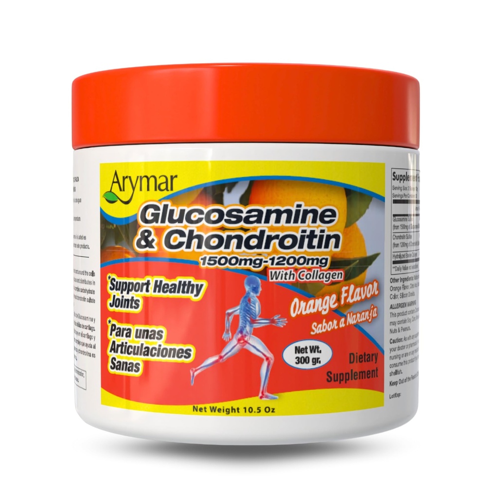 Arymar Glucosamine 1500 mg + Chondroitin 1200 mg s kolagenem - Orange- ochucený společný léčebný prášek, 300 g