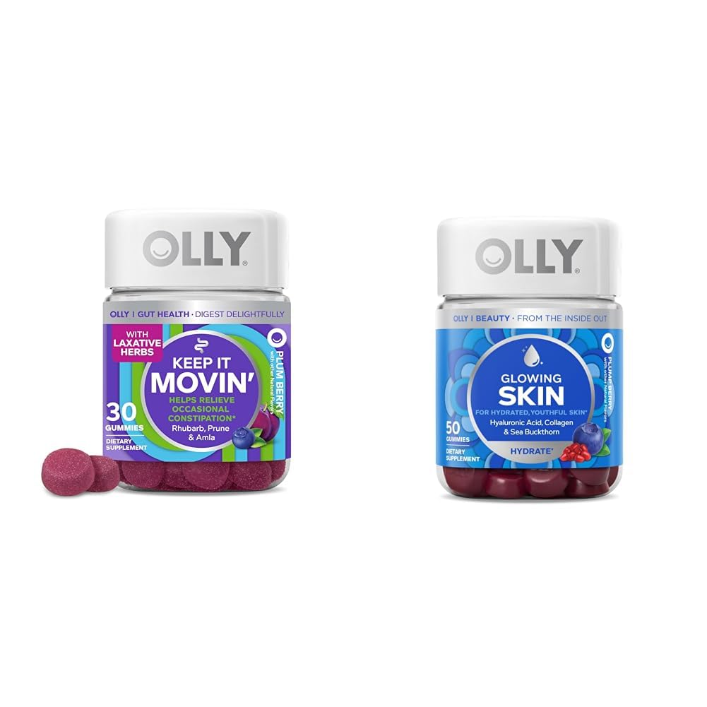 OLLY Zácpa Relief Gummies s rebarborem, Prunes, Amla Plum Berry Flavor 30ct a Glowing Skin Gummy s Hyaluronic Acid, kolagen, Sea Buckthorn 25 Day Supply Plump Berry 50 Počet