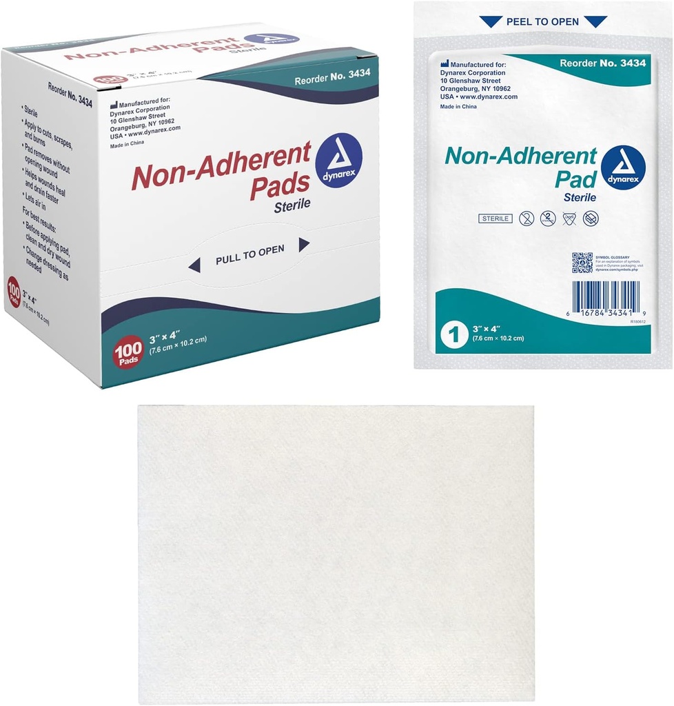 Dynarex Non- Adherent Pads- sterilní, jednotlivě balené, Non- Stick Wound and Burn Care, Soft & Highly Absorbent, 3 "x 4", 1 box of 100 Non- Adherent Pads- sterilní