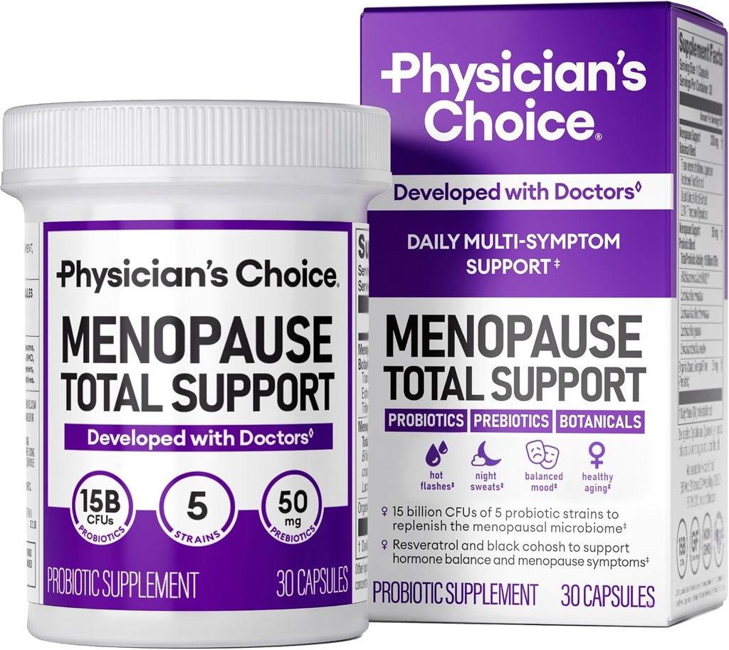Lékařský choICE Menopauza Probiotický dodatek pro ženy - Podporuje Hormon Balance, Hot Flashes, Noční poty, Weight Management, Bloating & Gut Health - s Black Cohosh, Resveratrol + - 30ct