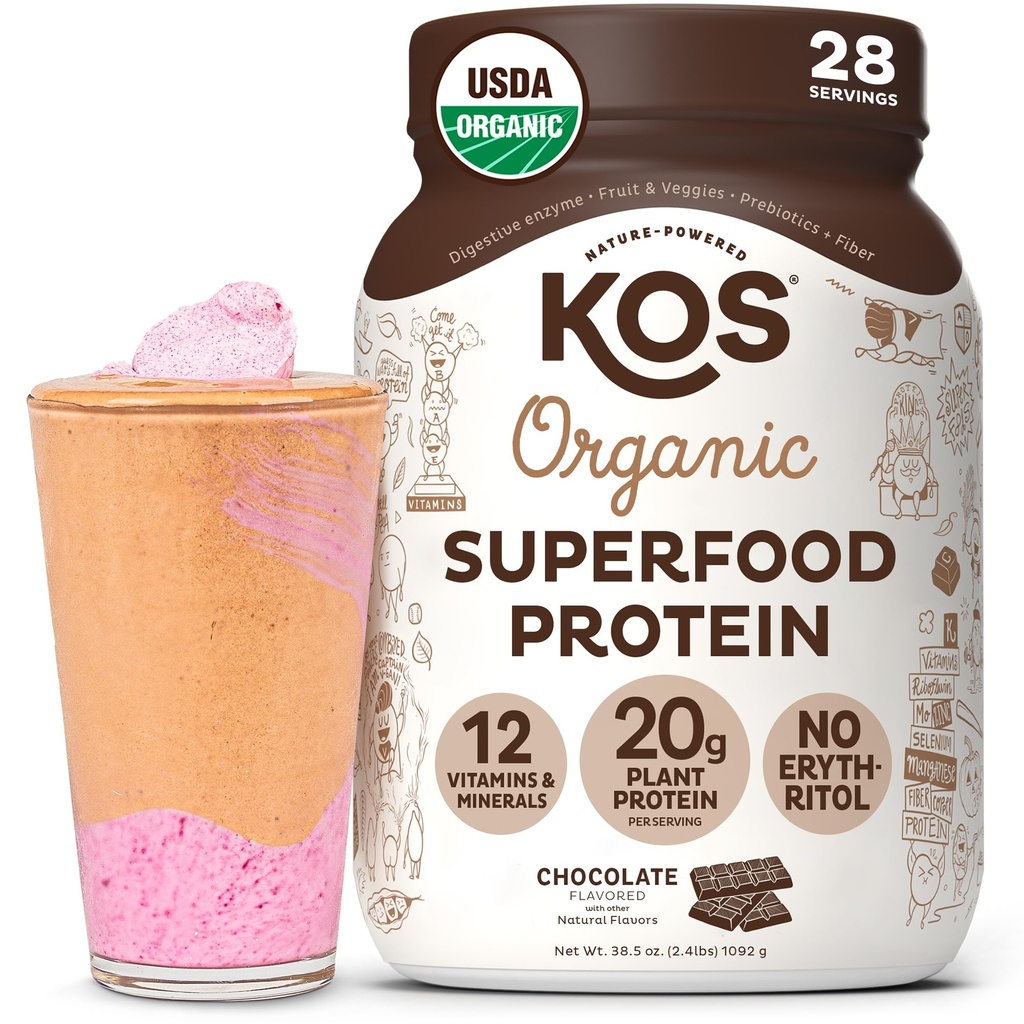 Kos Vegan Protein Powder Erythritol Free, Chocolate - Organic Pea Protein Blend, Plant Based Superfood Rich in Vitamíny & Minerály - Keto, Dairy Free - Jídelní náhrady pro ženy & Muži, 28 Služebnictví
