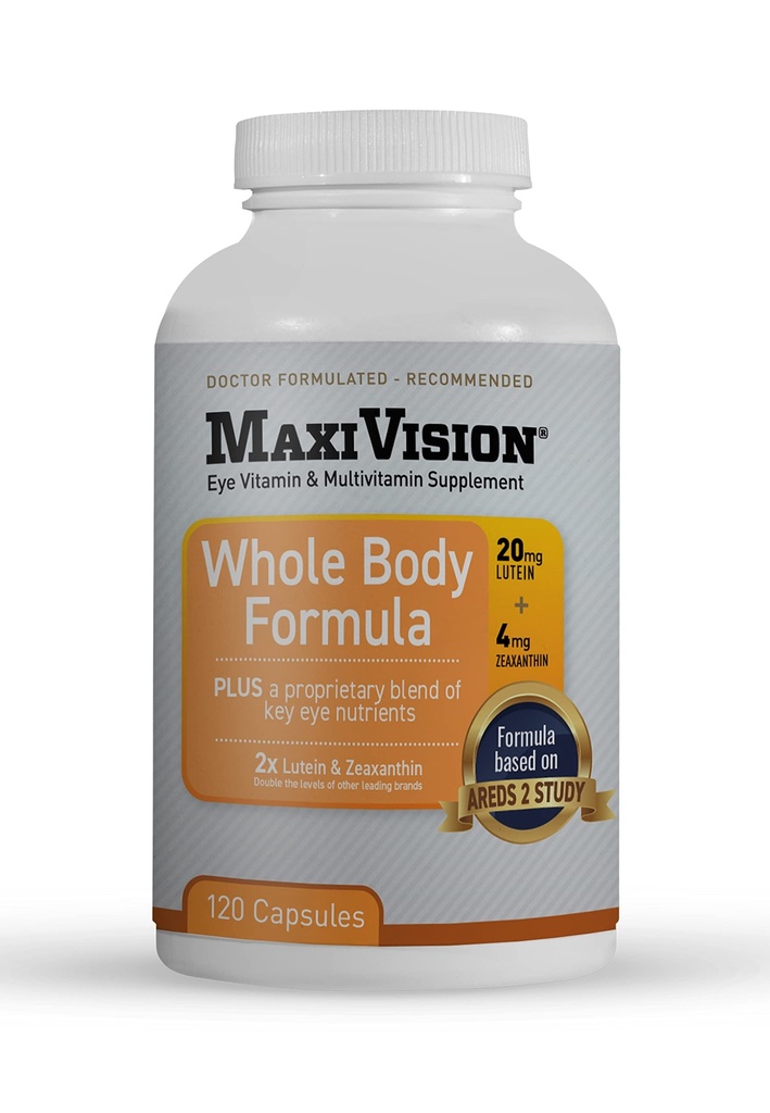 MaxiVision ® AREDS 2 Celý tělesný vzorec - AREDS 2 oční vitaminy w / Lutein a zeaxanthin - pro makulární podporu - Oční doplňky pro oční napětí - 120 Kapsle Počet, 1 lahvička