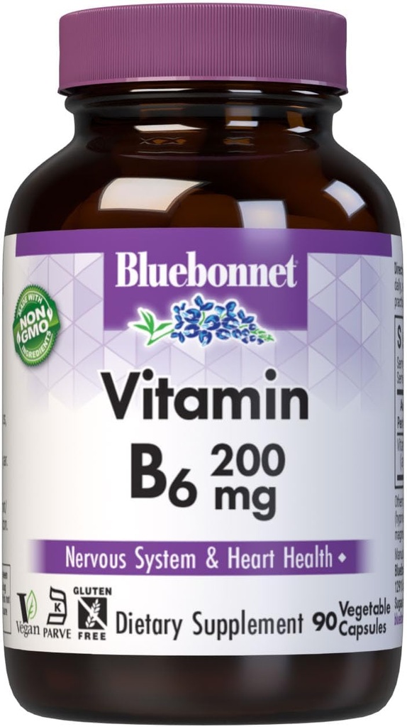 Bluebonnet Nutrition Vitamin B6 Zeleninové kapsle, 200 mg, Pro kardiovaskulární a nervový systém Zdraví, Soy Free, Gluten Free, Kosher, Dairy Free, Vegan, Non- GMO, 90 Zeleninové kapsle, 90 Služební