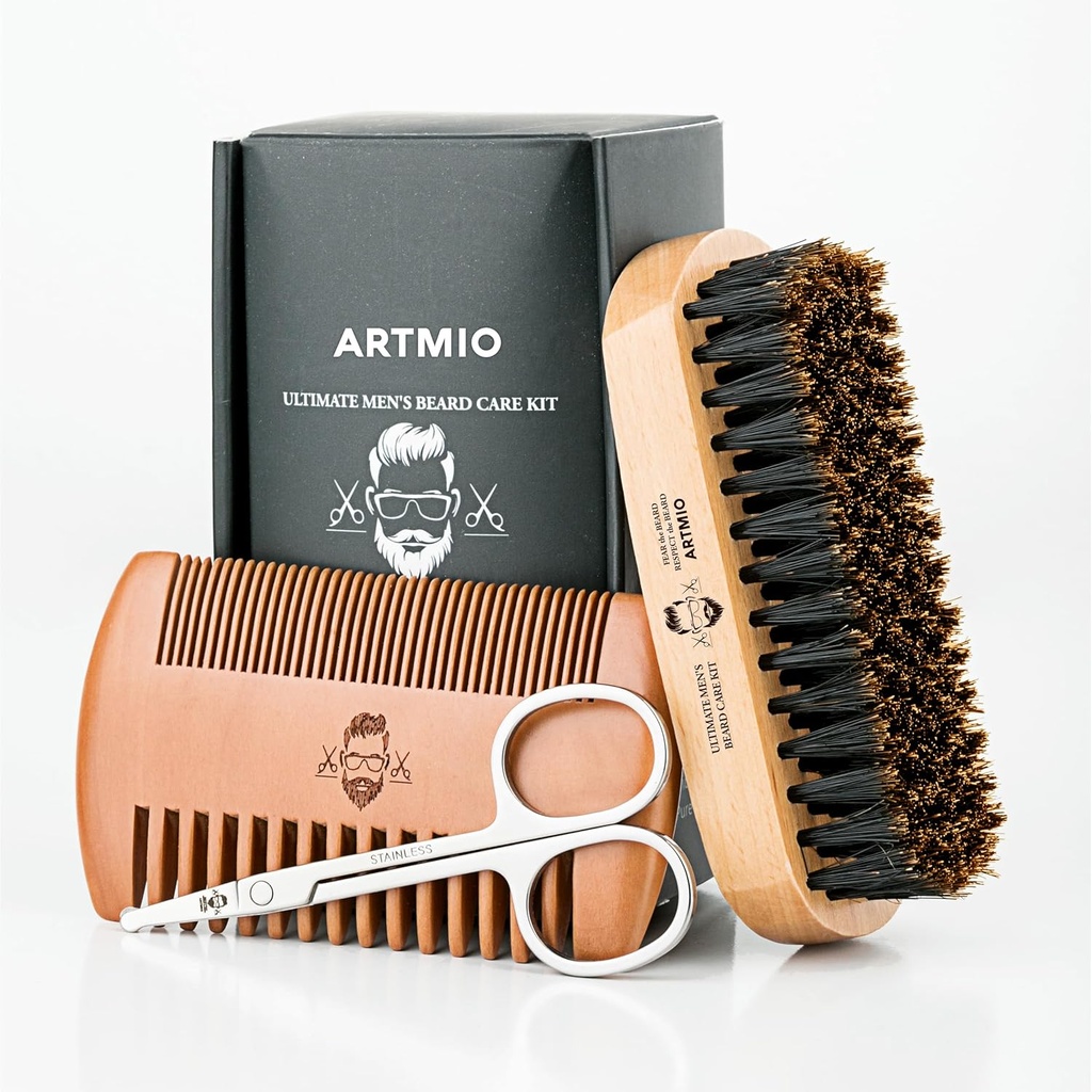 Beard Brush, Comb and Nosky Set pro pánskou péči o vousy - Boar Bristle Vlasový kartáč & Dřevěný Comb & Stainless Nosky - Beard Styling, Grooming & Shaping Tools