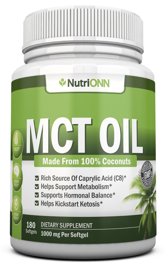 MCT Oil - 3000mg per Serving - 180 Softgels - Vyrobeno ze 100% organických kokosů - Non GMO, Cold Pressed, Paleo Friendly Kapsle - Skvělé pro Focus & Gut Health