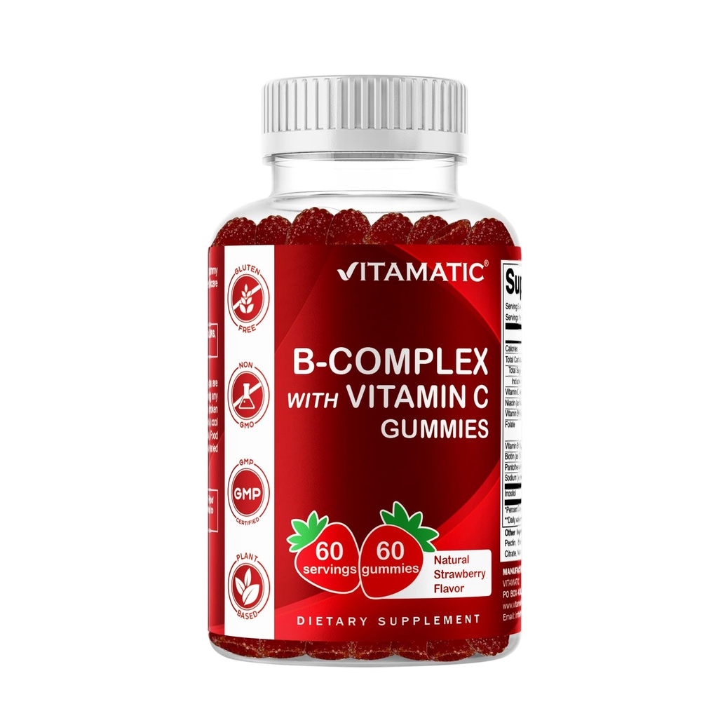 Vitamatický vitamin B Komplexní gumy s vitaminem C & Inositol - Přírodní jahodová lahůdka - 60 Gumy (1 lahvička)