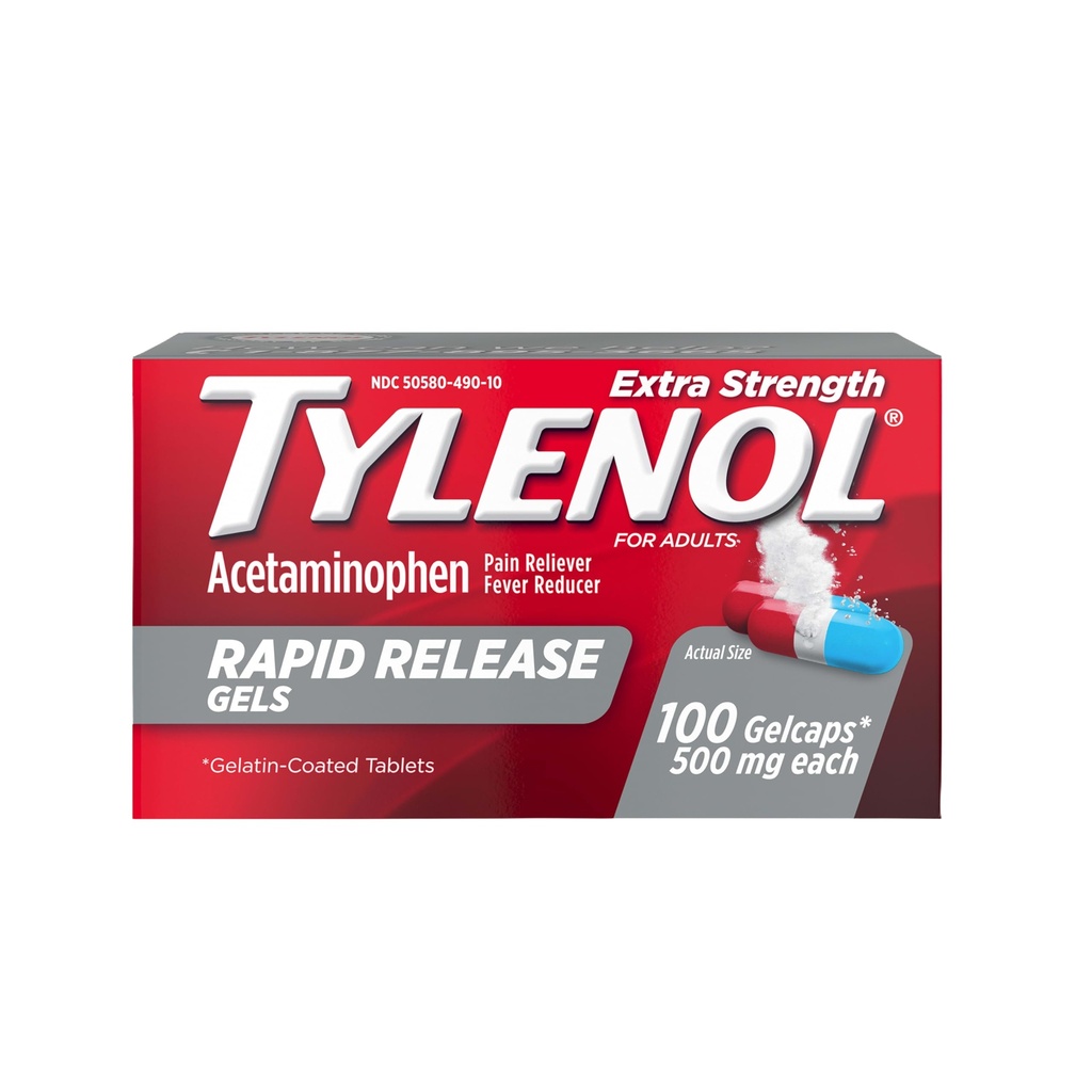 Tylenol Extra Strength Acetaminophen Rychlé uvolnění gely, Reliever bolesti a horečnatý reduktor, Gelcaps s Laser- vrtané díry pro rychlé uvolnění, Jemně na žaludku, 500 mg per Gelcap, 100 Počet OTC medicína