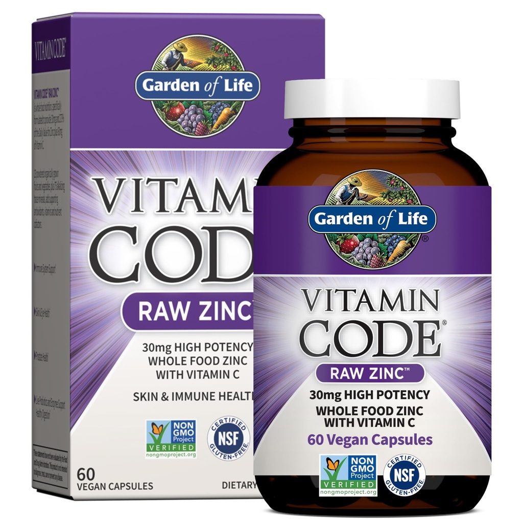 Zahrada života zinkové doplňky 30mg High potency surový zinek a vitamín C multiminerální doplněk, Vitaminový kód Vitamíny Stopy minerály & Probiotika pro zdraví a imunitní podporu, 60 Veganské kapsle