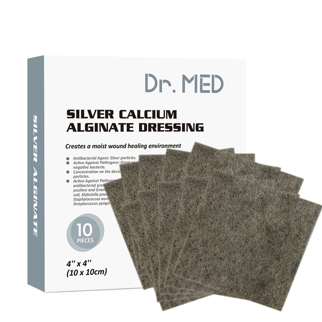 Dr. Med Silver vápník Alginate zranění Dressing 4 "x4" Záplaty, 10 Individuální balení vysoká absorbence Ag Alginate zranění bandáž, Non-Adhesive, Bezbolestný odstraňující gáza pro bedsore, Ulcers, kožní abrasions
