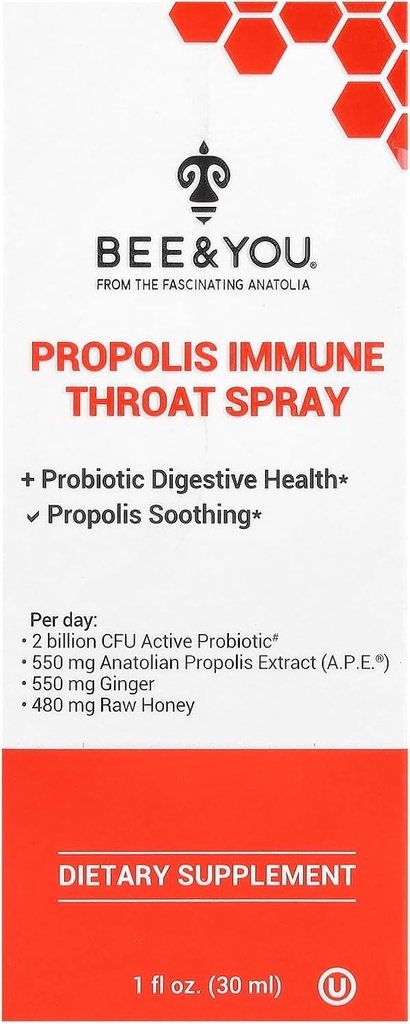 Bee and You Propolis and Probiotic Throat Spray with Ginger, Imunite Support, Digestive Health, Antioxidants, Keto, Paleo, Gluten- Free, 1 Fl oz