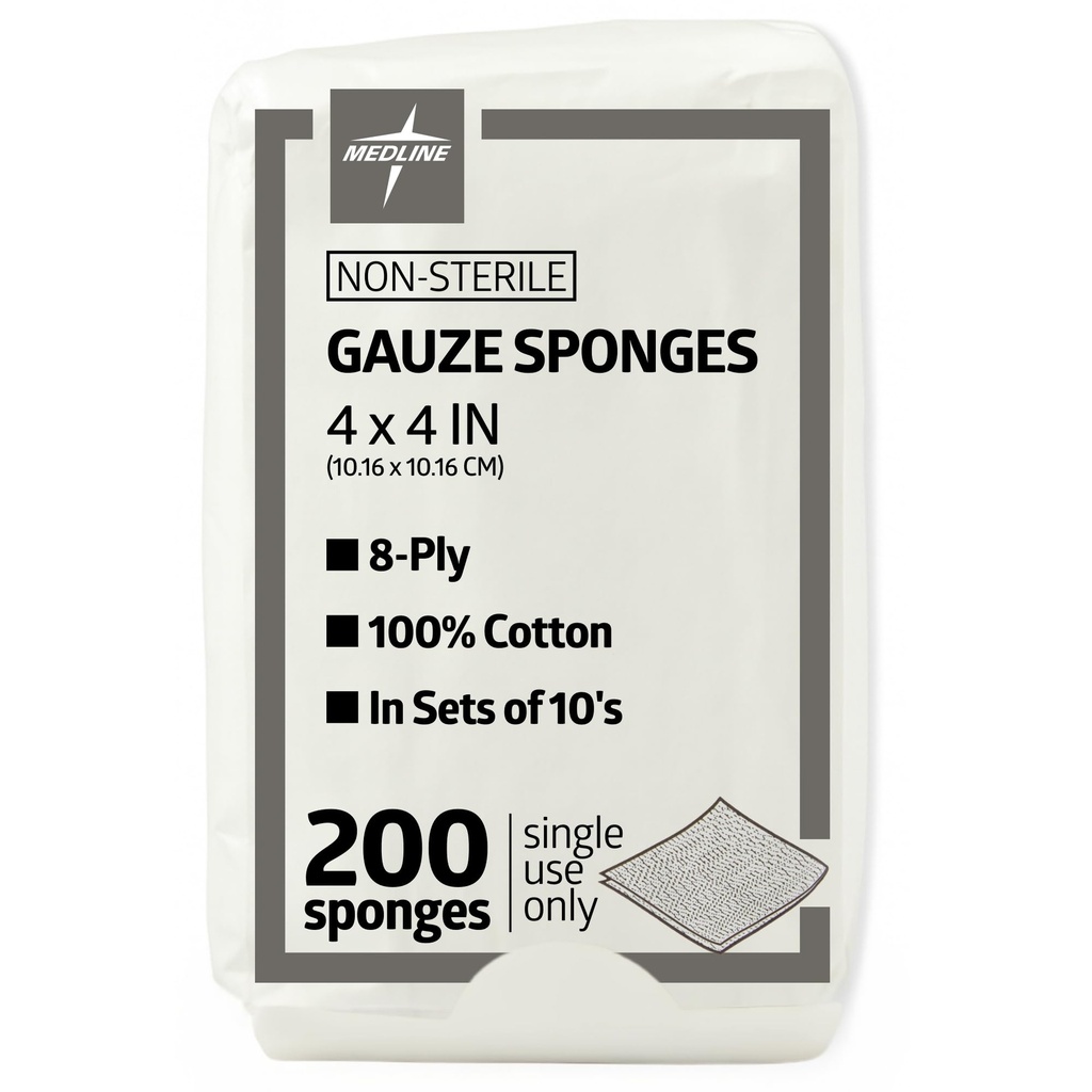 Medline 4 x 4 Inch Gáza Sponges, Non- sterilní 8-Ply Tkaniny Gáze, 100% bavlna, Ideální pro Wound Dressing, Wound Care, General First Aid Use, Pack of 200