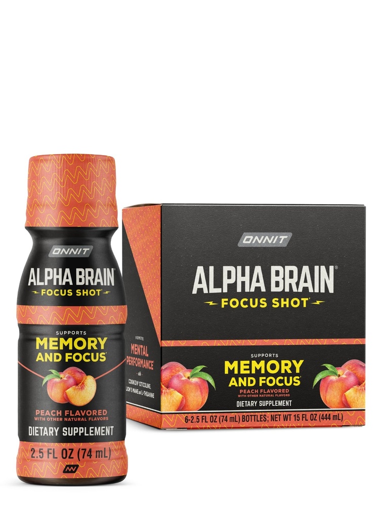ONNIT Alpha Mozek Focus Shot, Peach Flavor, Nootropic Dietní dodatek nápoj, který podporuje energii, Focus, a Mood, IGEN ™ Non- GMO Testováno, 2.5 fl oz, 6 Počet