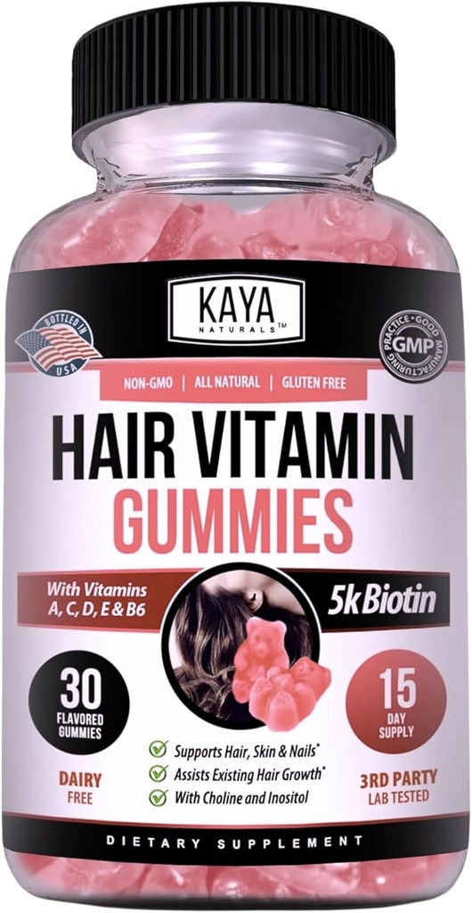 Kaya Naturals Vlasy Růst Gummies - Biotin 5000mcg Vitamíny pro zdravé vlasy, kůže a nehty - Doplněk krásy pro ženy nebo muže - 30 Hrabě - Borůvkový Flavor
